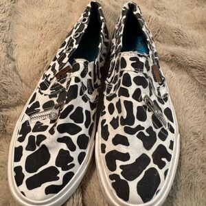 Black & White Slip-On Canvas Shoes with Cow Print